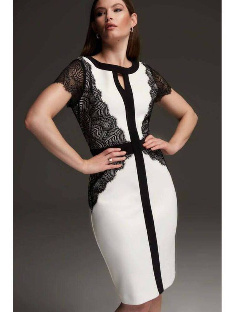 Joseph Ribkoff Signature Sz 14 $249 White Black Lace Color Block Cocktail Dress
